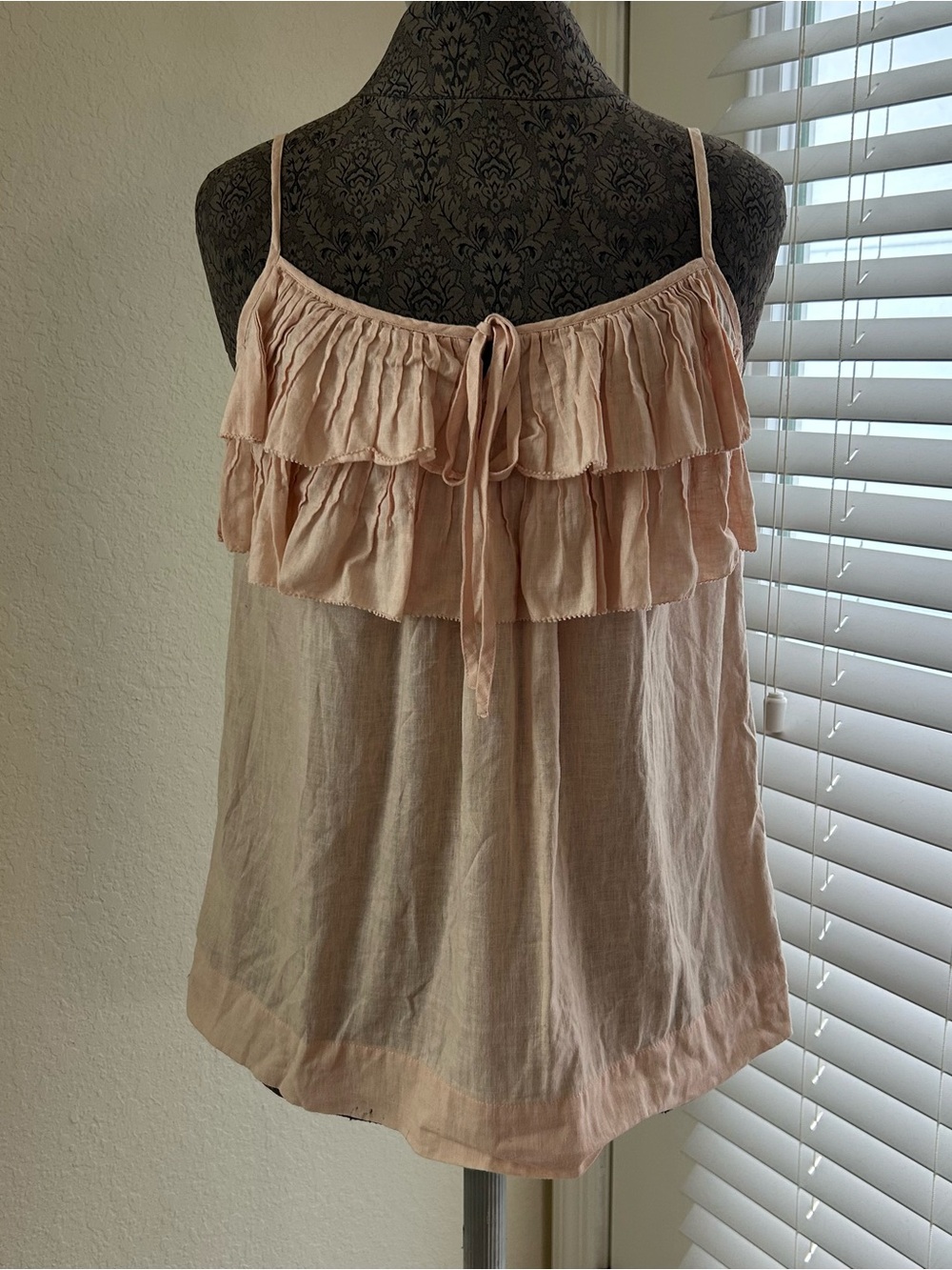 LOFT Blush Pink Ruffle Tiered Linen/Cotton Camisole with Tie